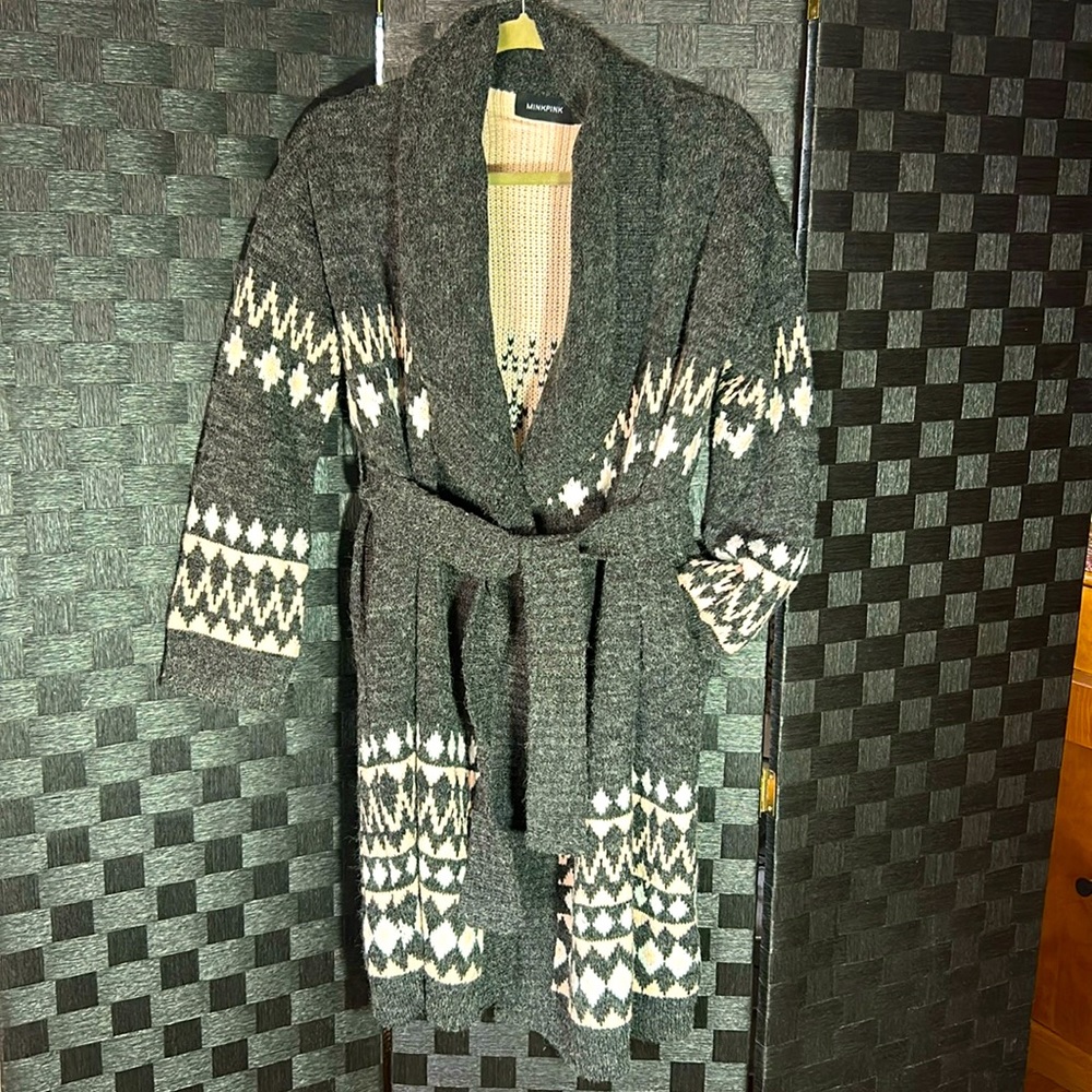 Minkpink Mid-Length Belted Knit Cardigan Pockets Grey Pink XS/S